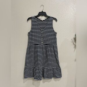 LOFT A Line Knit Dress Womens Sz S Navy Stripe Sleeveless Ruffle Hem Chic Casual